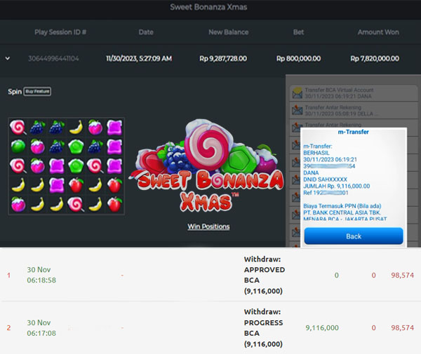 BUKTI WD PUASBET 30 NOV 2023 ( SWEET BONANZA XMAS Rp. 9,116,000– LUNAS)