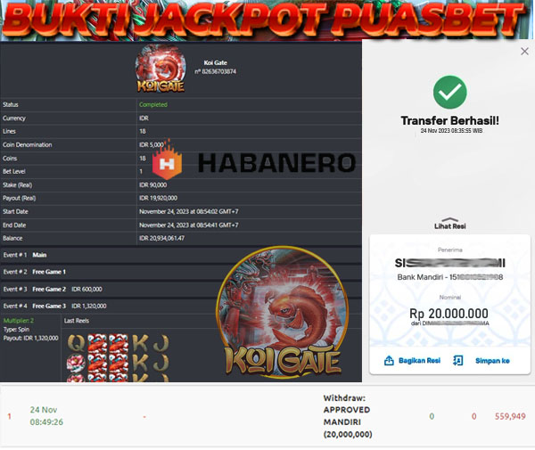 BUKTI WD PUASBET 24 NOV 2023 ( KOI GATE (HABANERO) Rp. 20,000,000– LUNAS)