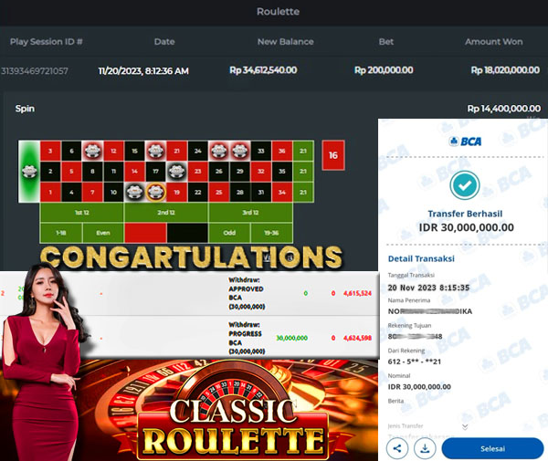 BUKTI WD PUASBET 20 NOV 2023 (ROULETTE Rp. 30,000,000– LUNAS)