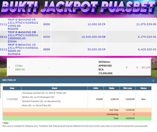 BUKTI WD PUASBET 23 NOV 2023 (MIX PARLAY  Rp. 15,500,000– LUNAS)