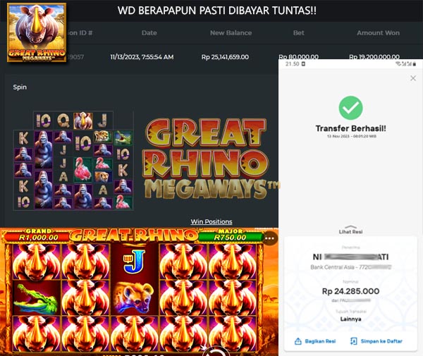 BUKTI WD PUASBET 13 NOV 2023 (JACKPOT Great Rhino Megaways  Rp. 24.285.000 – LUNAS)