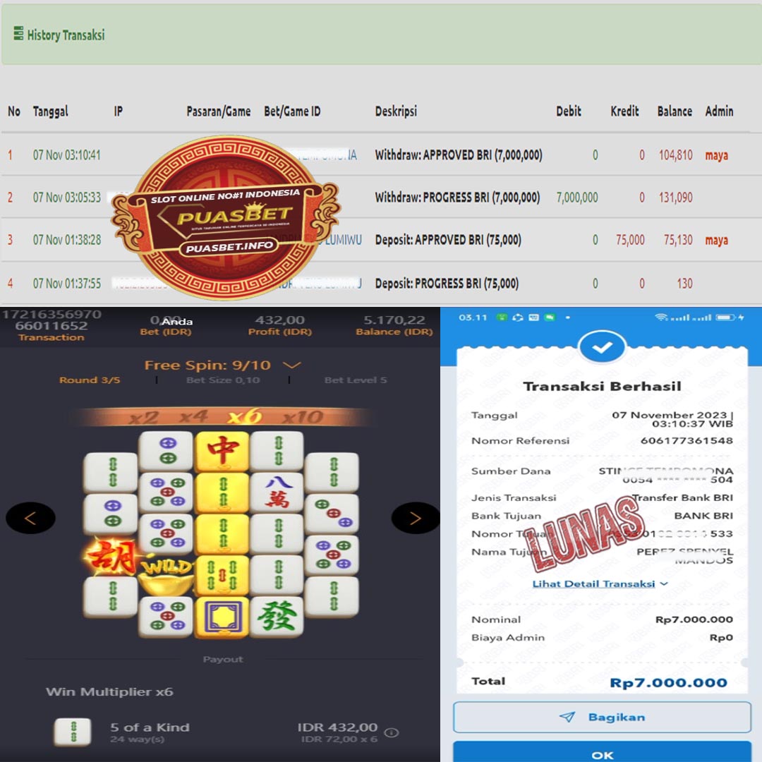 BUKTI WD PUASBET 07 NOV 2023 (JACKPOT MAHJONG WAYS 2 Rp. 7.000.000 – LUNAS)