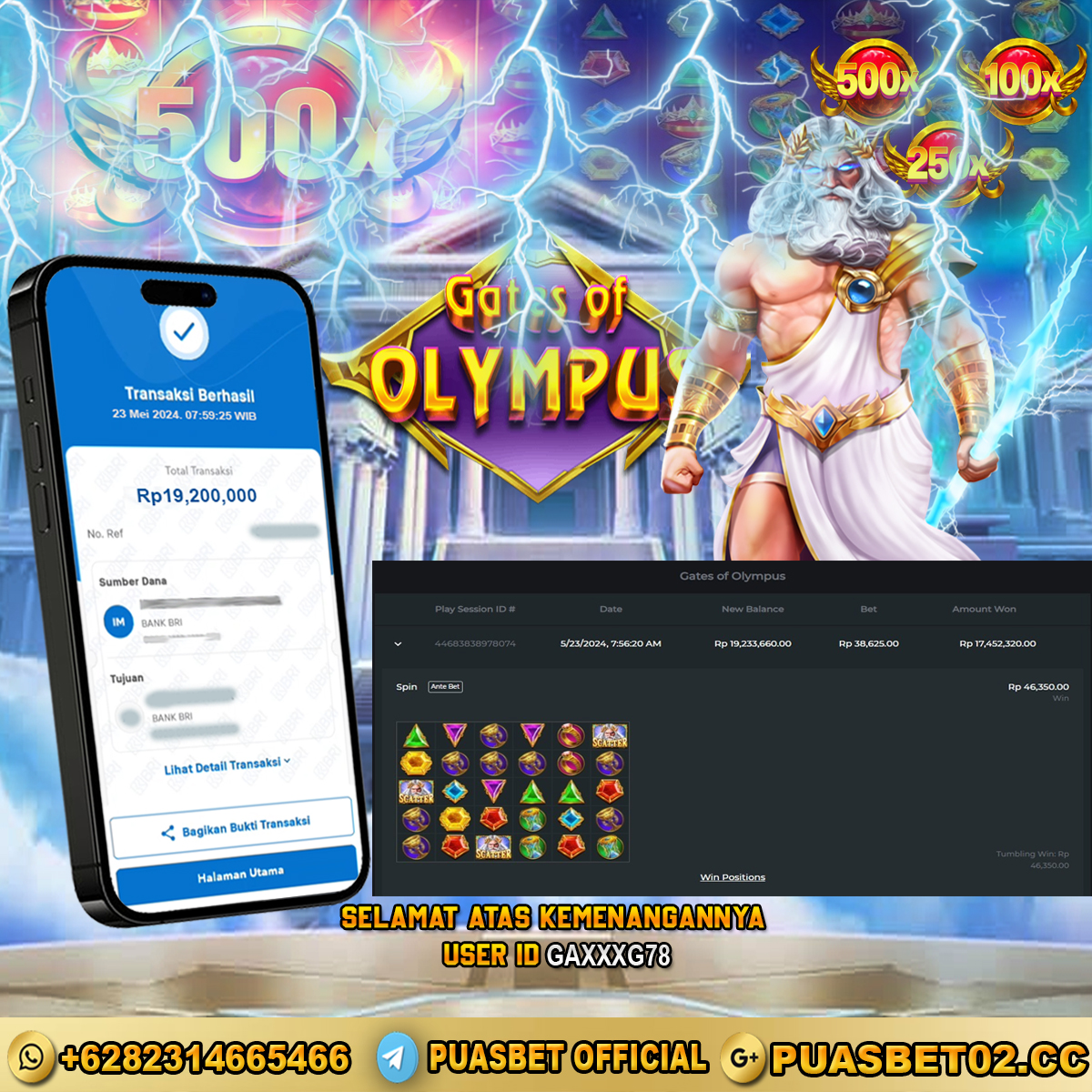 BUKTI WD PUASBET 23 MAY 2024 ( Gates of Olympus ) Rp.19,200,000 – LUNAS)