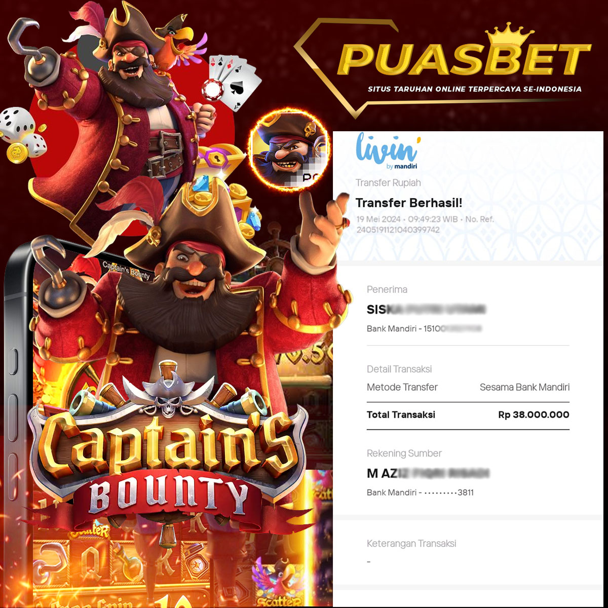 BUKTI WD PUASBET 19 MAY 2024 ( Captains Bounty ) Rp.38,000,000 – LUNAS)