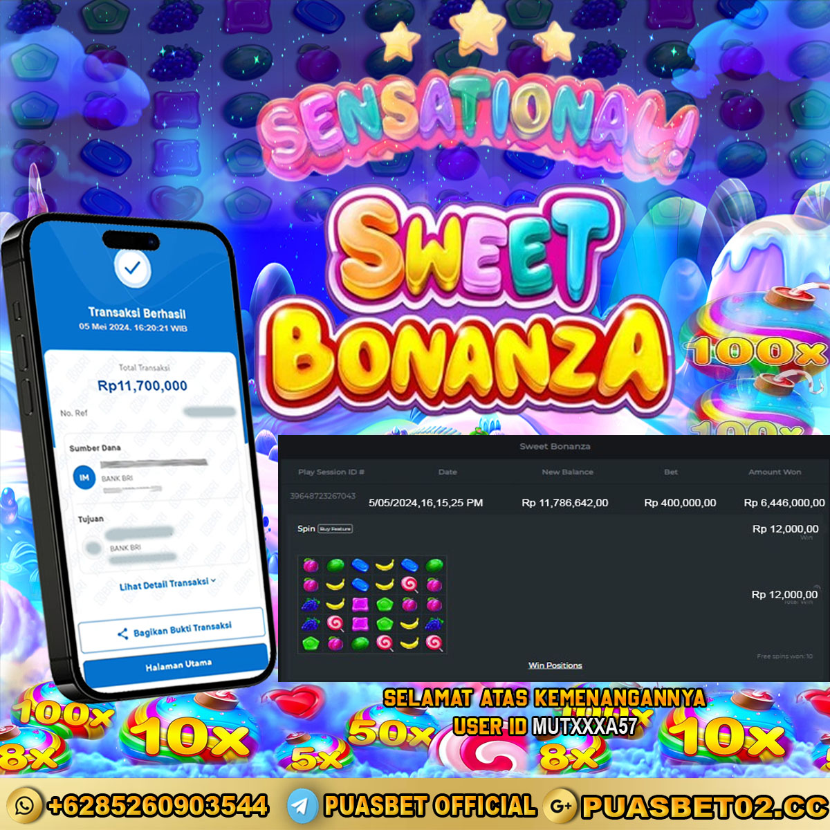 BUKTI WD PUASBET 05 MEI 2024 ( Sweet Bonanza ) Rp.11,700,000 – LUNAS