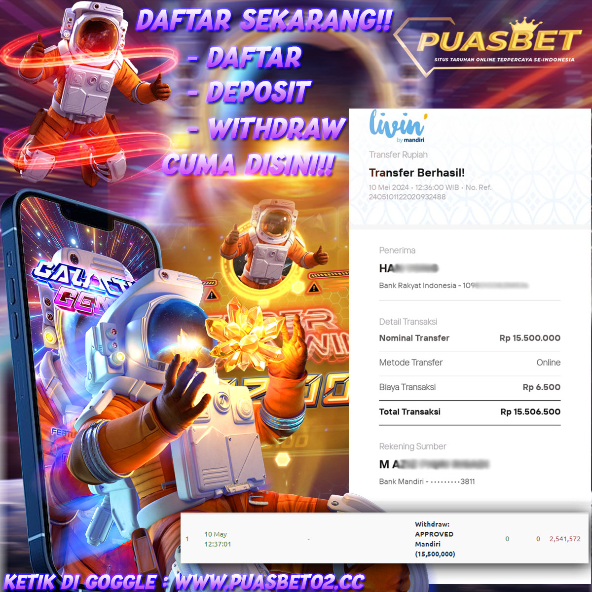 BUKTI WD PUASBET 10 MAY 2024 ( Galactic Gems ) Rp.15,500,000 – LUNAS)