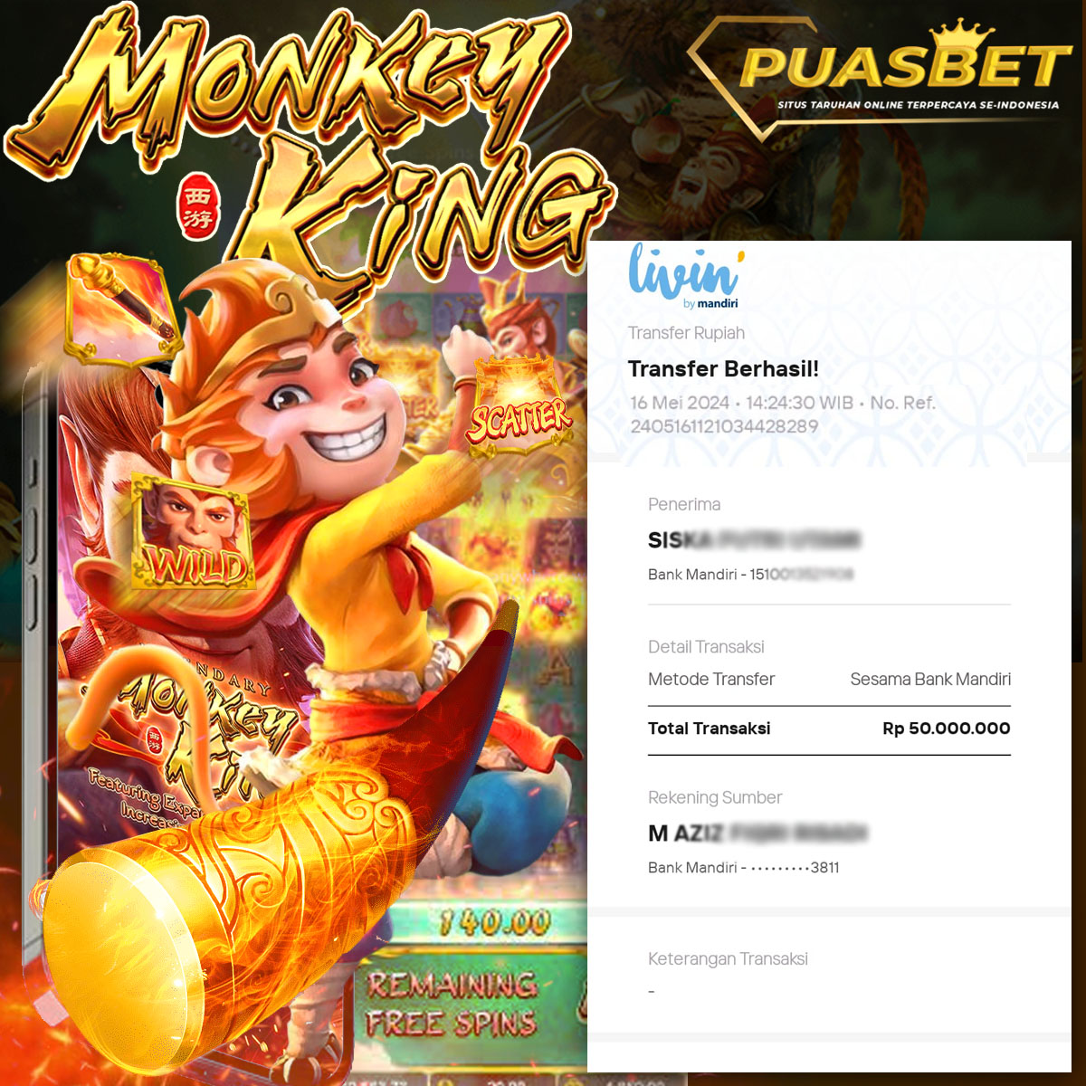 BUKTI WD PUASBET 17 MAY 2024 ( Mongkey King ) Rp.50,000,000 – LUNAS)